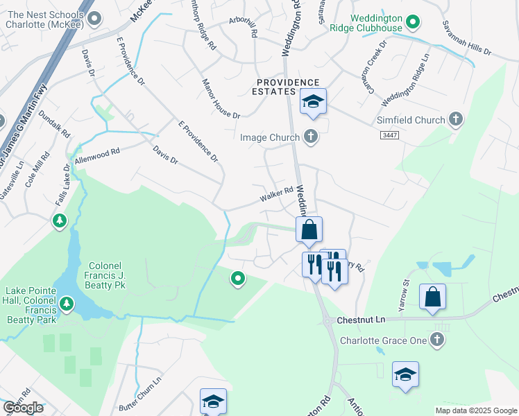 map of restaurants, bars, coffee shops, grocery stores, and more near 2806 Aldergrove Road in Matthews