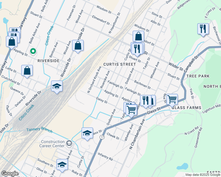 map of restaurants, bars, coffee shops, grocery stores, and more near 2605 Curtis Street in Chattanooga