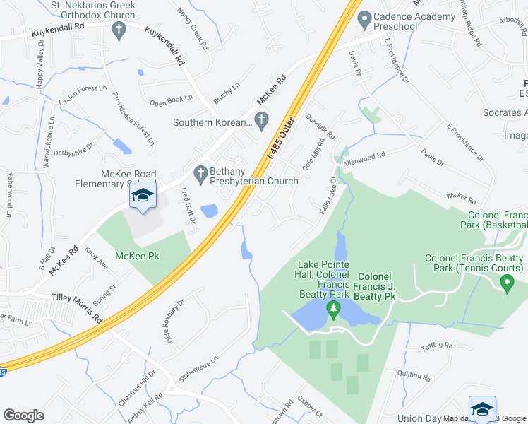 map of restaurants, bars, coffee shops, grocery stores, and more near 6128 Gatesville Lane in Charlotte