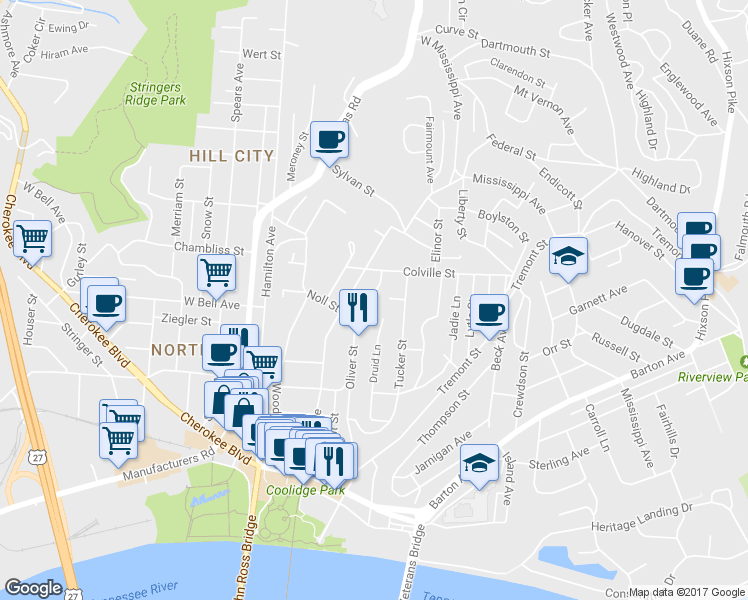 map of restaurants, bars, coffee shops, grocery stores, and more near 614 Oliver Street in Chattanooga