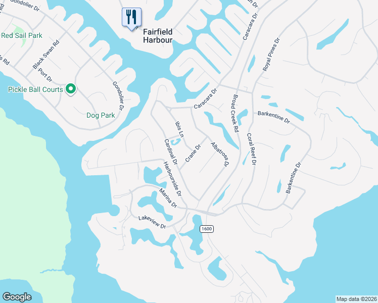 map of restaurants, bars, coffee shops, grocery stores, and more near 6207 Ibis Lane in New Bern