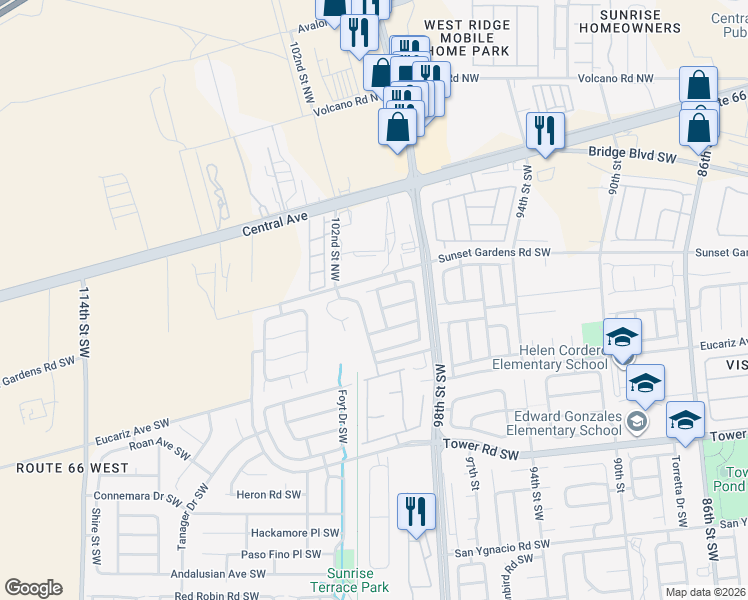map of restaurants, bars, coffee shops, grocery stores, and more near 409 Sharp Spur Street Southwest in Albuquerque