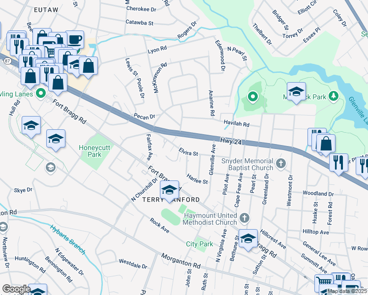 map of restaurants, bars, coffee shops, grocery stores, and more near 2110 Elvira Street in Fayetteville