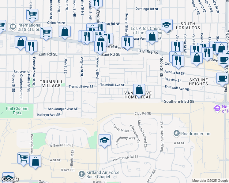 map of restaurants, bars, coffee shops, grocery stores, and more near 500 Wyoming Boulevard Southeast in Albuquerque