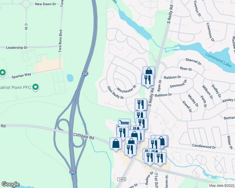 map of restaurants, bars, coffee shops, grocery stores, and more near 813 Glen Reilly Drive in Fayetteville
