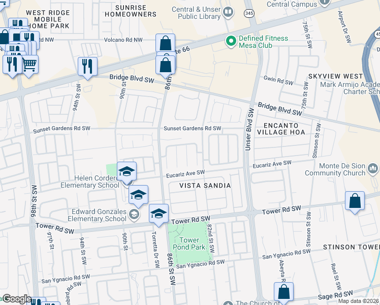 map of restaurants, bars, coffee shops, grocery stores, and more near 419 Carfax Place Southwest in Albuquerque