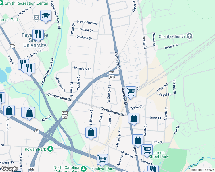 map of restaurants, bars, coffee shops, grocery stores, and more near 305 Plum Street in Fayetteville
