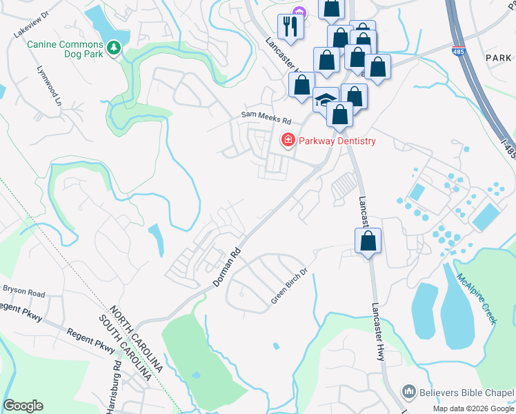 map of restaurants, bars, coffee shops, grocery stores, and more near 12910 Dorman Road in Pineville
