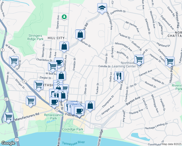 map of restaurants, bars, coffee shops, grocery stores, and more near 614 Oliver Street in Chattanooga