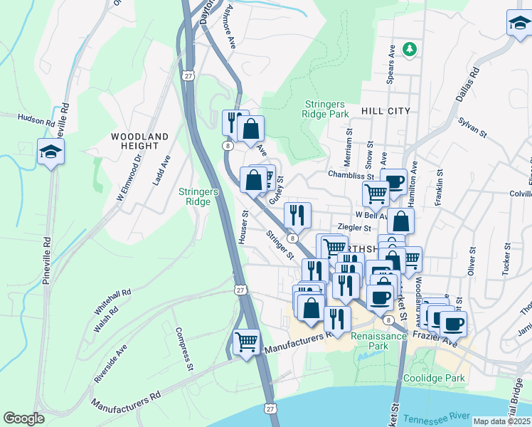 map of restaurants, bars, coffee shops, grocery stores, and more near 538 Cherokee Boulevard in Chattanooga