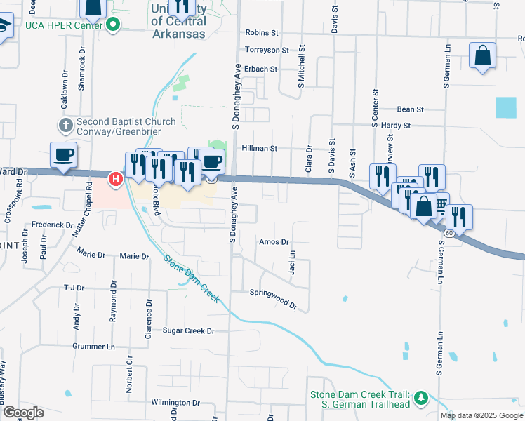 map of restaurants, bars, coffee shops, grocery stores, and more near 2044 Silver Springs Circle in Conway