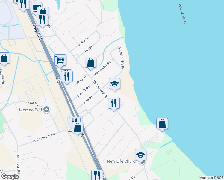map of restaurants, bars, coffee shops, grocery stores, and more near 319 Neuse Forest Avenue in New Bern