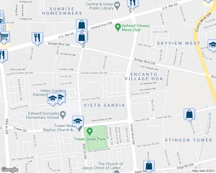 map of restaurants, bars, coffee shops, grocery stores, and more near 532 Whisper Pointe Street Southwest in Albuquerque