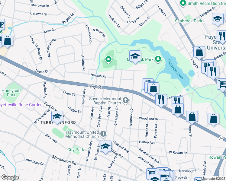 map of restaurants, bars, coffee shops, grocery stores, and more near 552 Pearl Street in Fayetteville