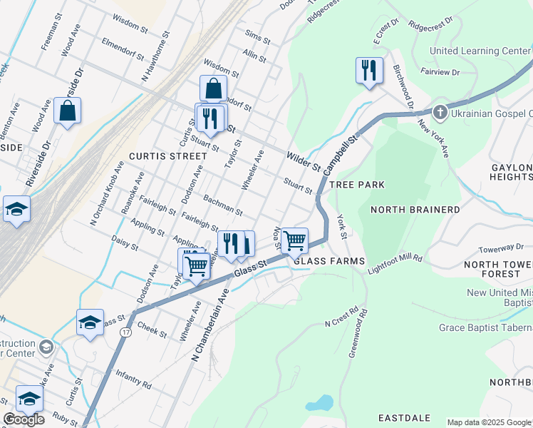 map of restaurants, bars, coffee shops, grocery stores, and more near 2800 North Chamberlain Avenue in Chattanooga