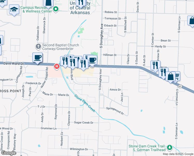 map of restaurants, bars, coffee shops, grocery stores, and more near 825 South Donaghey Avenue in Conway