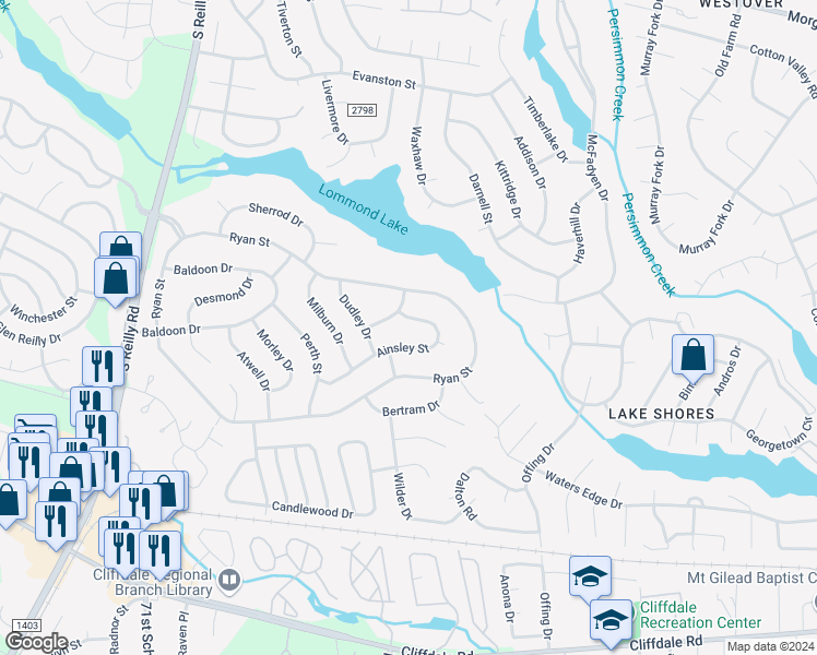 map of restaurants, bars, coffee shops, grocery stores, and more near 7267 Ainsley Street in Fayetteville