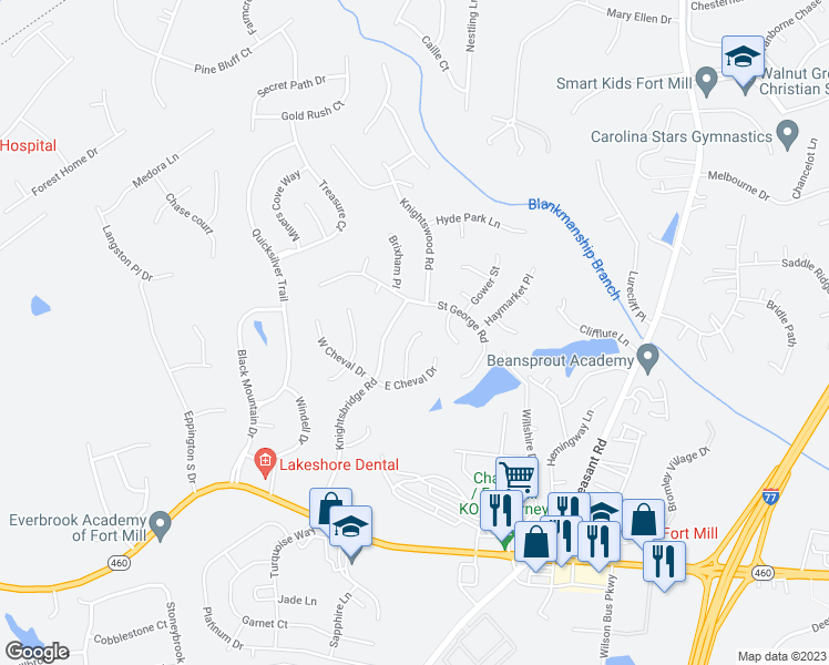map of restaurants, bars, coffee shops, grocery stores, and more near 537 Whitehead Court in Fort Mill