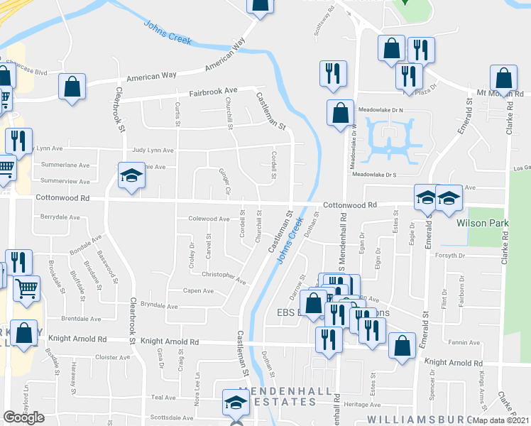 map of restaurants, bars, coffee shops, grocery stores, and more near 2938 Churchill Street in Memphis