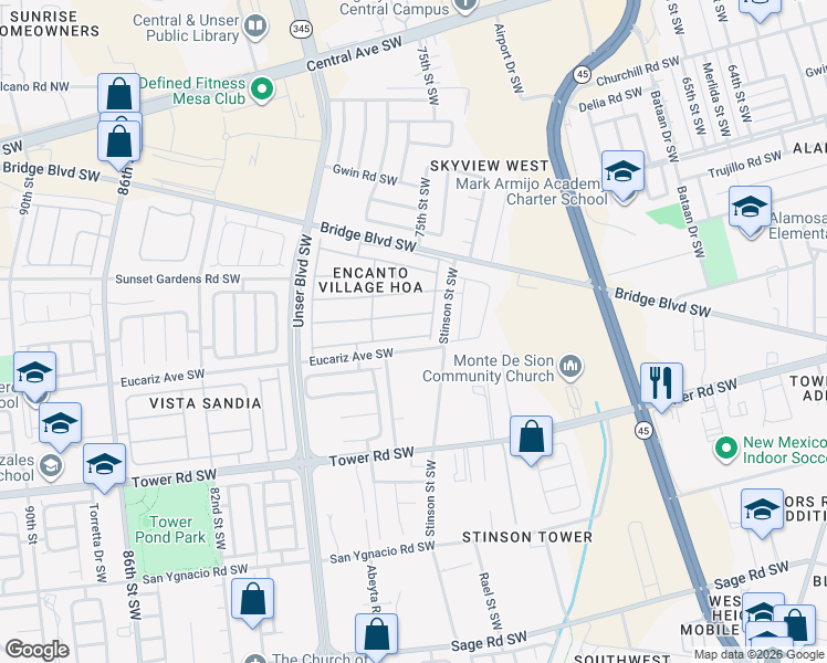 map of restaurants, bars, coffee shops, grocery stores, and more near 7415 Via Cometa Southwest in Albuquerque