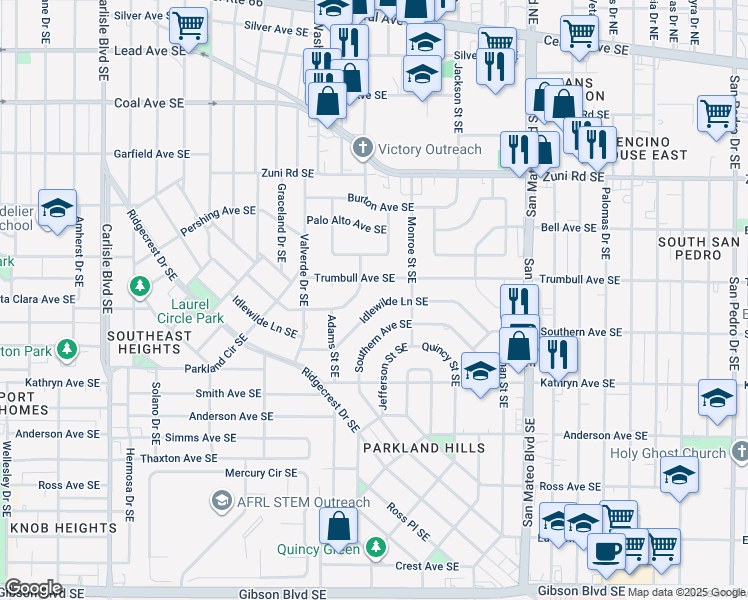 map of restaurants, bars, coffee shops, grocery stores, and more near 4655 Idlewilde Lane Southeast in Albuquerque
