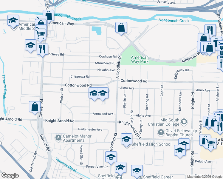 map of restaurants, bars, coffee shops, grocery stores, and more near 4229 Kenosha Road in Memphis