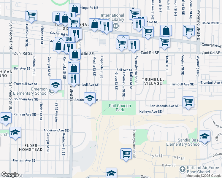 map of restaurants, bars, coffee shops, grocery stores, and more near 608 San Pablo Street Southeast in Albuquerque