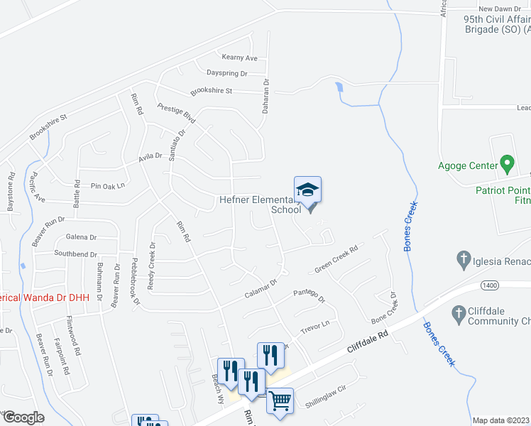 map of restaurants, bars, coffee shops, grocery stores, and more near 7024 Calamar Drive in Fayetteville