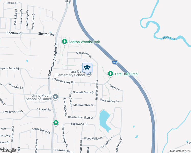 map of restaurants, bars, coffee shops, grocery stores, and more near 1047 Heather Lake Drive in Collierville