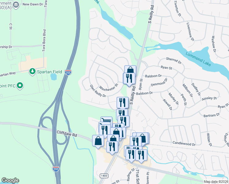 map of restaurants, bars, coffee shops, grocery stores, and more near 921 Glen Reilly Drive in Fayetteville