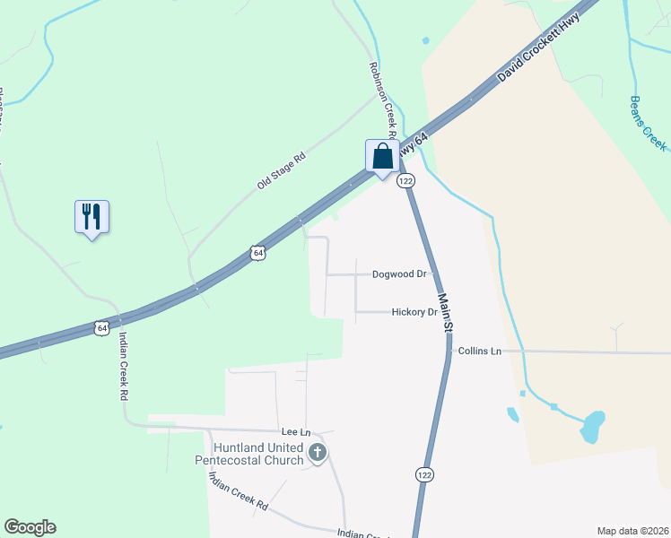 map of restaurants, bars, coffee shops, grocery stores, and more near 117 Bruce Street in Huntland