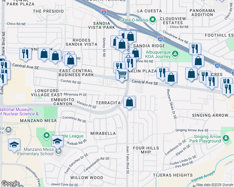 map of restaurants, bars, coffee shops, grocery stores, and more near 11715 Terra Bella Southeast Lane in Albuquerque