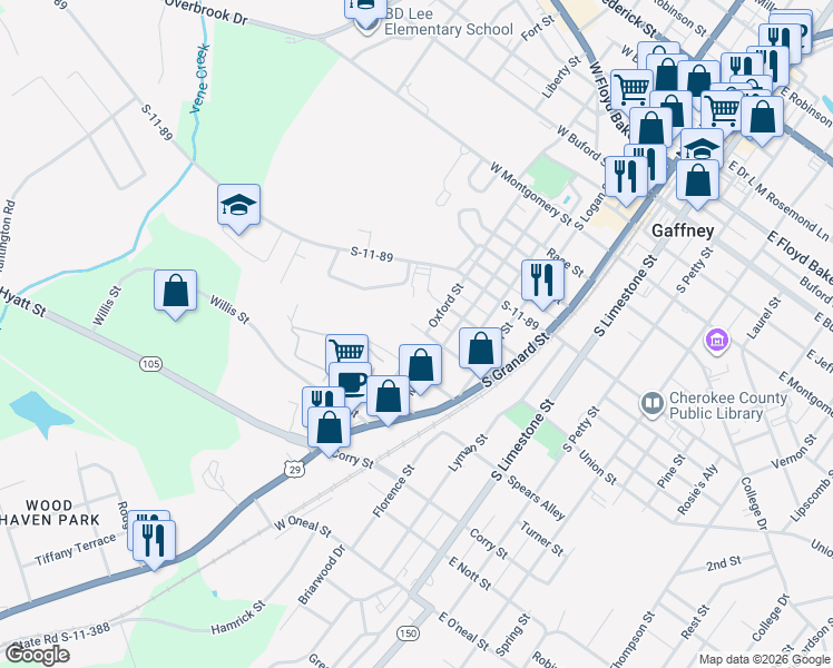 map of restaurants, bars, coffee shops, grocery stores, and more near 211 Claremont Street in Gaffney