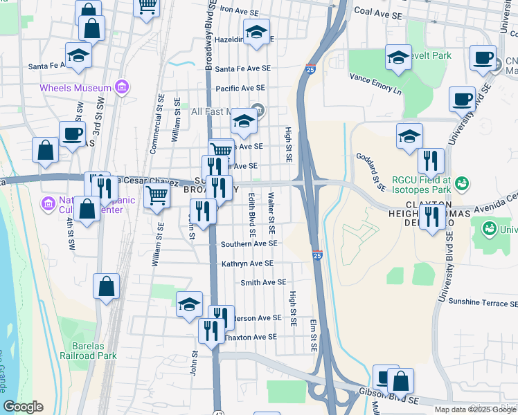 map of restaurants, bars, coffee shops, grocery stores, and more near 606 Trumbull Avenue Southeast in Albuquerque