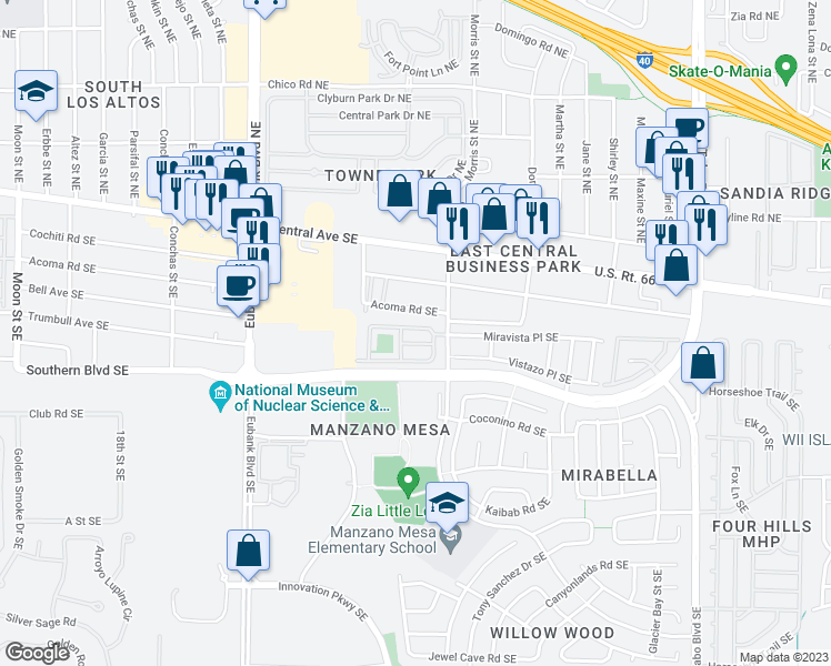 map of restaurants, bars, coffee shops, grocery stores, and more near 10916 Jicama Way Southeast in Albuquerque