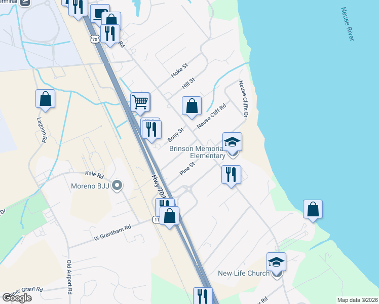 map of restaurants, bars, coffee shops, grocery stores, and more near 405 Church Road in New Bern