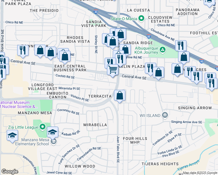 map of restaurants, bars, coffee shops, grocery stores, and more near 11715 Terra Bella Southeast Lane in Albuquerque