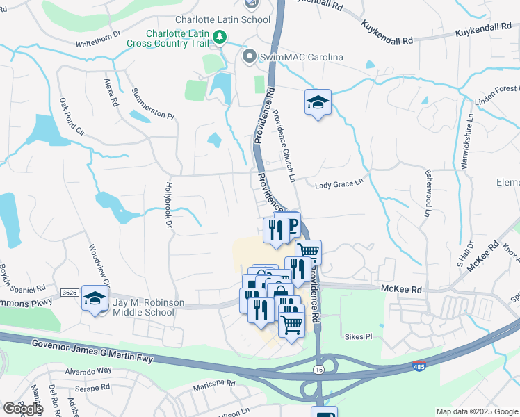 map of restaurants, bars, coffee shops, grocery stores, and more near 5127 Berkeley Greene Dr in Charlotte