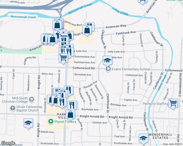 map of restaurants, bars, coffee shops, grocery stores, and more near 4866 Berrydale Avenue in Memphis