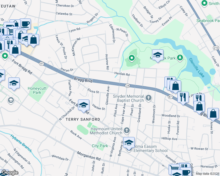 map of restaurants, bars, coffee shops, grocery stores, and more near 705 Glenville Avenue in Fayetteville
