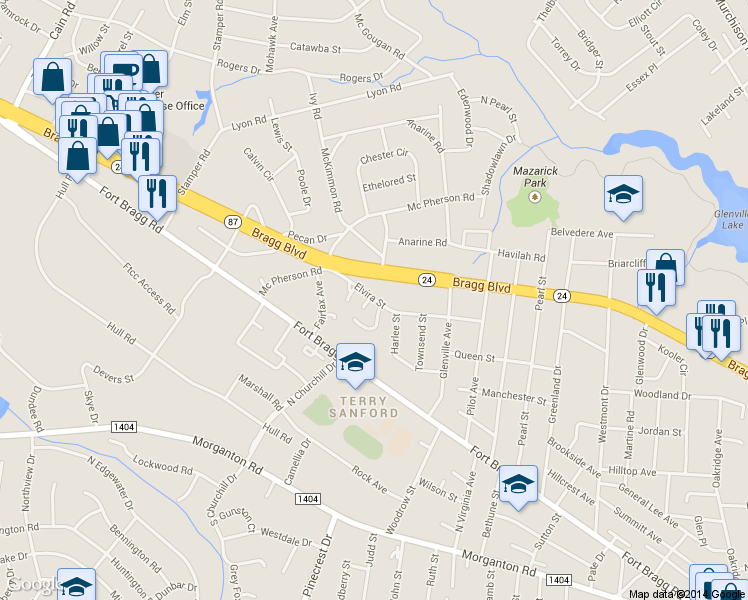map of restaurants, bars, coffee shops, grocery stores, and more near 1307 Bright Court in Fayetteville
