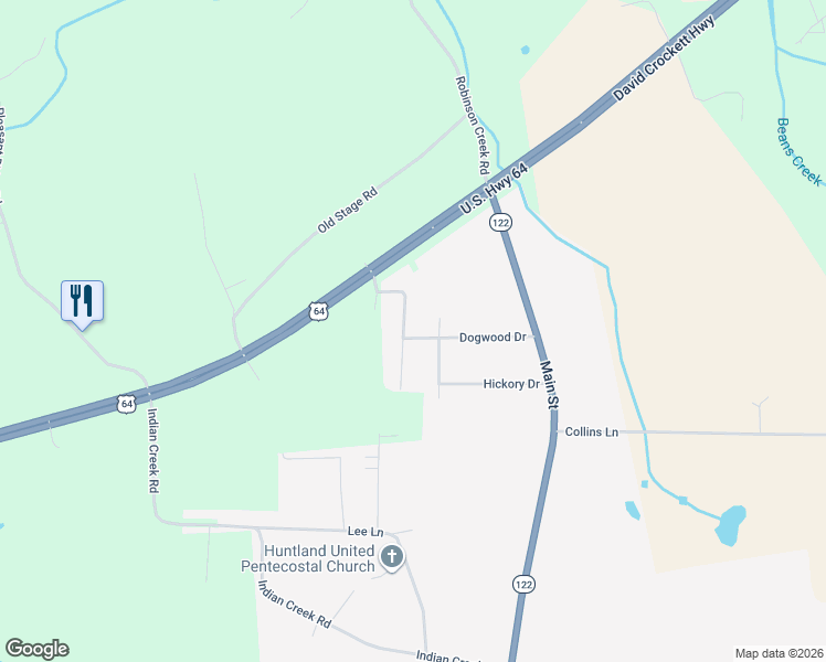 map of restaurants, bars, coffee shops, grocery stores, and more near 117 Bruce Street in Huntland