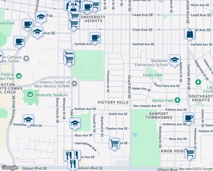 map of restaurants, bars, coffee shops, grocery stores, and more near 1109 Princeton Drive Southeast in Albuquerque