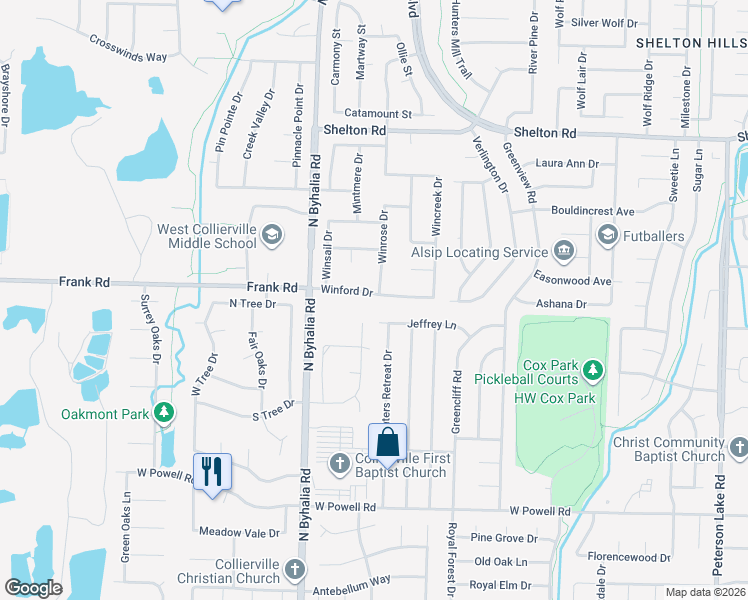 map of restaurants, bars, coffee shops, grocery stores, and more near 623 Winford Drive in Collierville