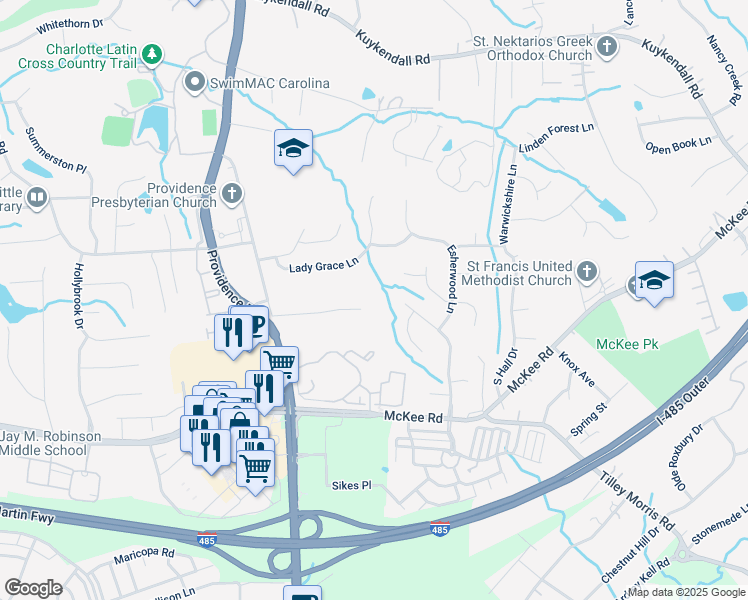 map of restaurants, bars, coffee shops, grocery stores, and more near 4417 Bellwood Lane in Charlotte