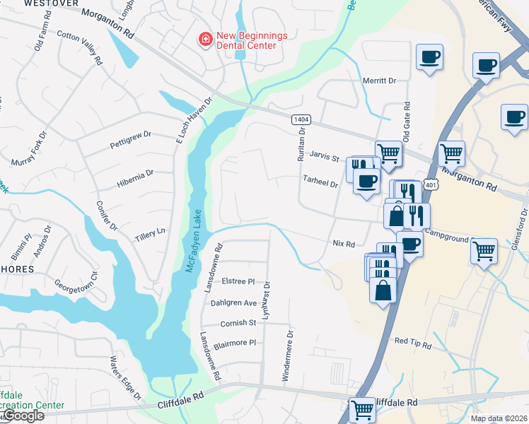 map of restaurants, bars, coffee shops, grocery stores, and more near 5516 Faith Drive in Fayetteville