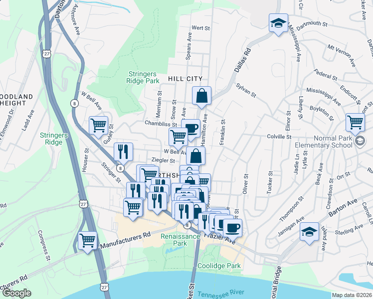 map of restaurants, bars, coffee shops, grocery stores, and more near 21 West Bell Avenue in Chattanooga