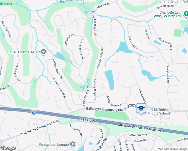 map of restaurants, bars, coffee shops, grocery stores, and more near 9800 Fairway Ridge Road in Charlotte
