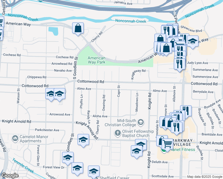 map of restaurants, bars, coffee shops, grocery stores, and more near 2865 Danville Road in Memphis