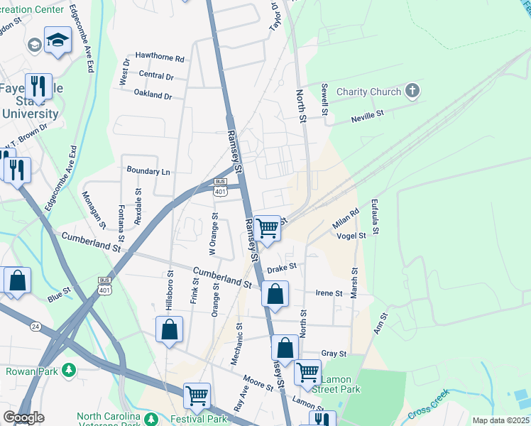 map of restaurants, bars, coffee shops, grocery stores, and more near 104 Mary Street in Fayetteville
